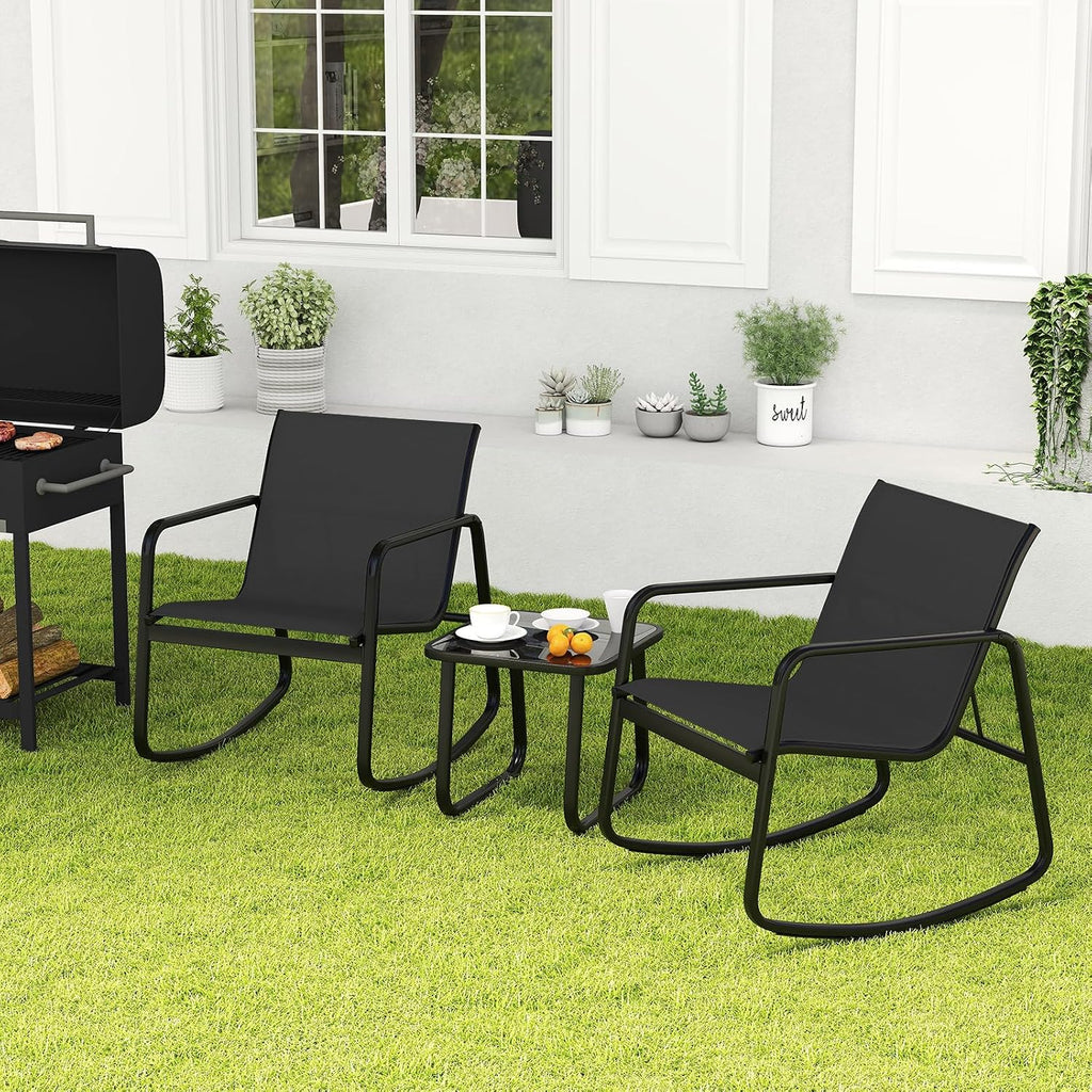3 Piece Rocking Bistro Set, Patio Furniture Set with 2 Rocking Chairs & Glass-Top Coffee Table, Outdoor Rocker Chair