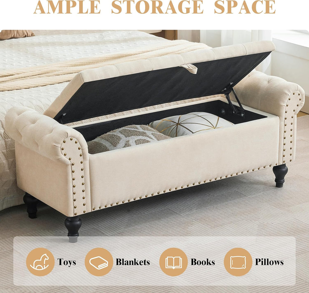 51" Storage Bench , Upholstered Ottoman Bench, Chenille Beige | End of Bed Bench , Window Benches , Ottoman with