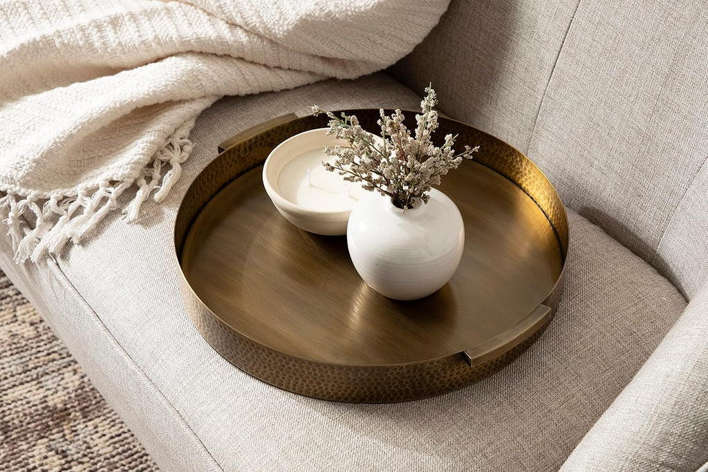 Samana Modern Glam Round Metal Tray; 17 Inch Diameter; Antique Brass; Circular Polished Decorative Tray with Hammered