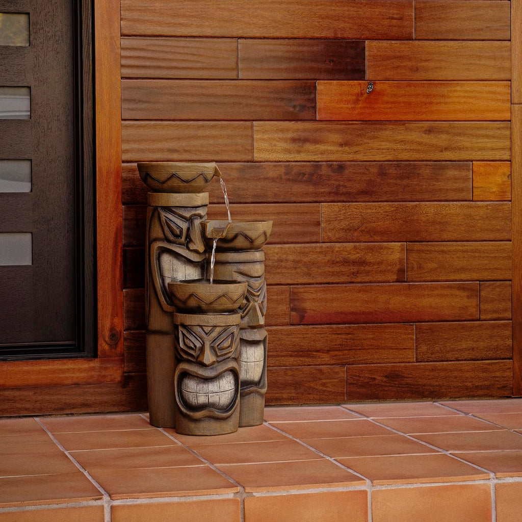29"H Outdoor 3-Tiered Tiki Head Bowl Waterfall Floor Fountain with Cool White LED Lights, Brown