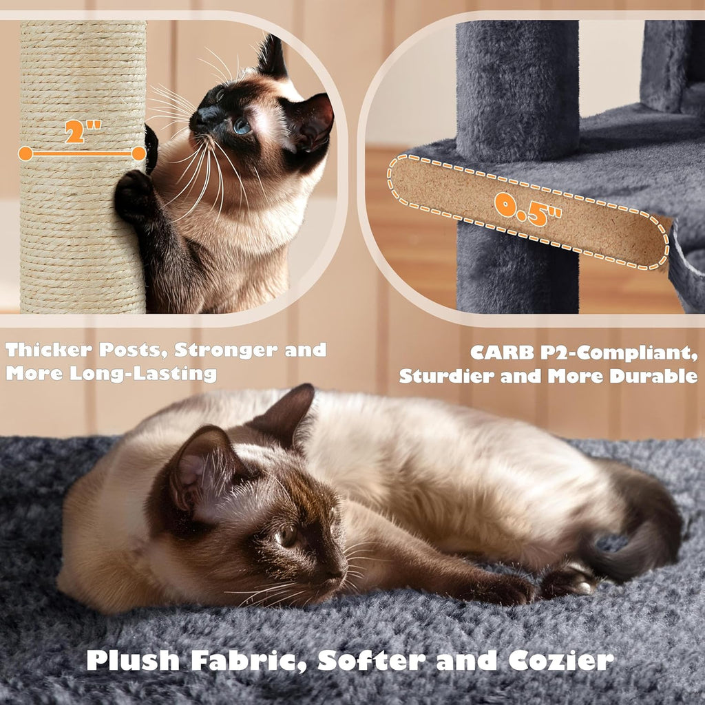 54in Cat Tree, Multi-Level Cat Tower with Spacious Kitten-ear Perch, 2 Cozy Caves, Scratching Posts, Climbing Ladder