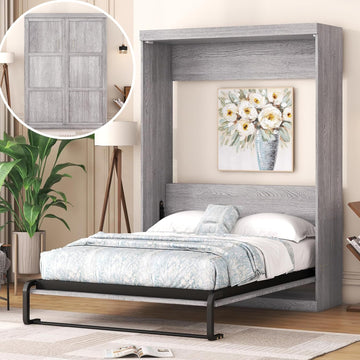 Full Murphy Bed, Farmhosue Wall Bed Frame, Solid Wood Cabinet Bed Frame for Home Office, Guest Room, Apartment, Grey