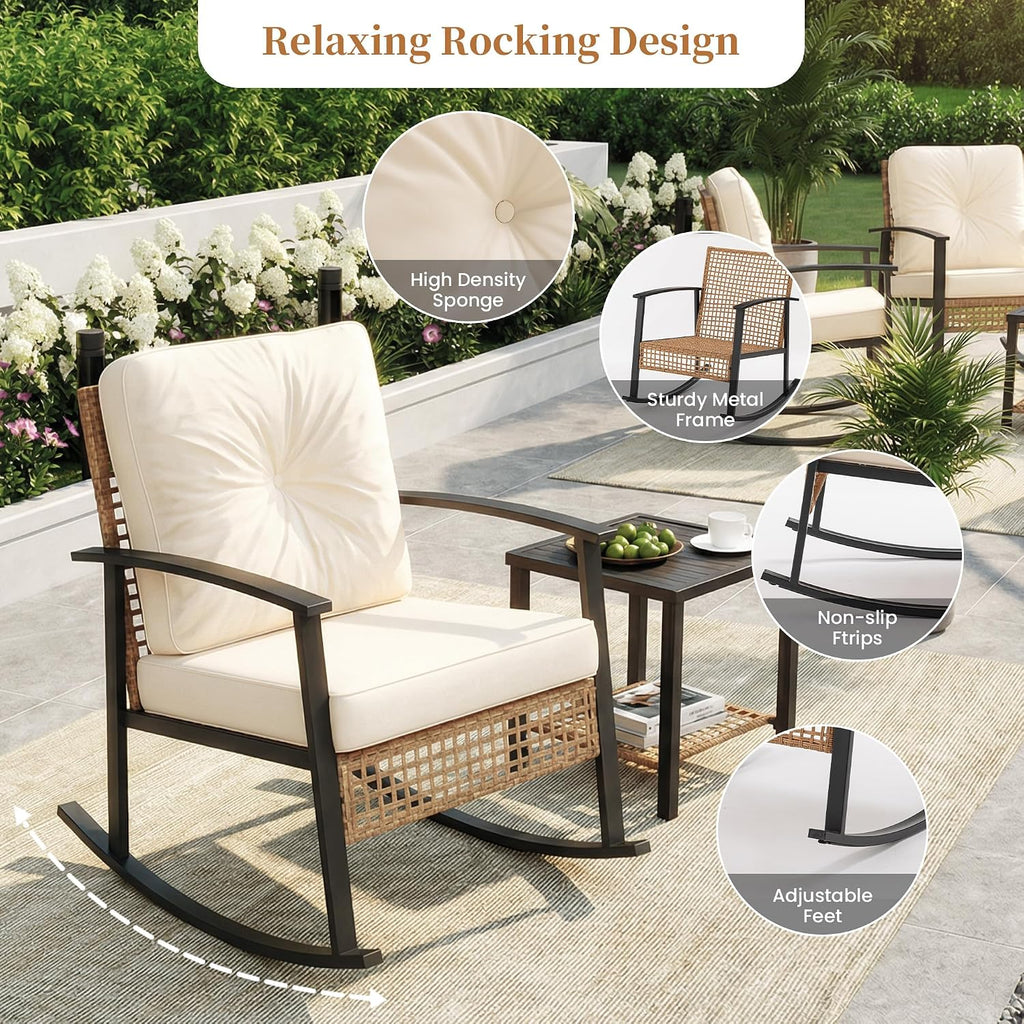 3-Piece Outdoor Rocking Chairs Bistro Set, Rattan Patio Furniture with Thick Warm Beige Cushions & 2-Tier Storage