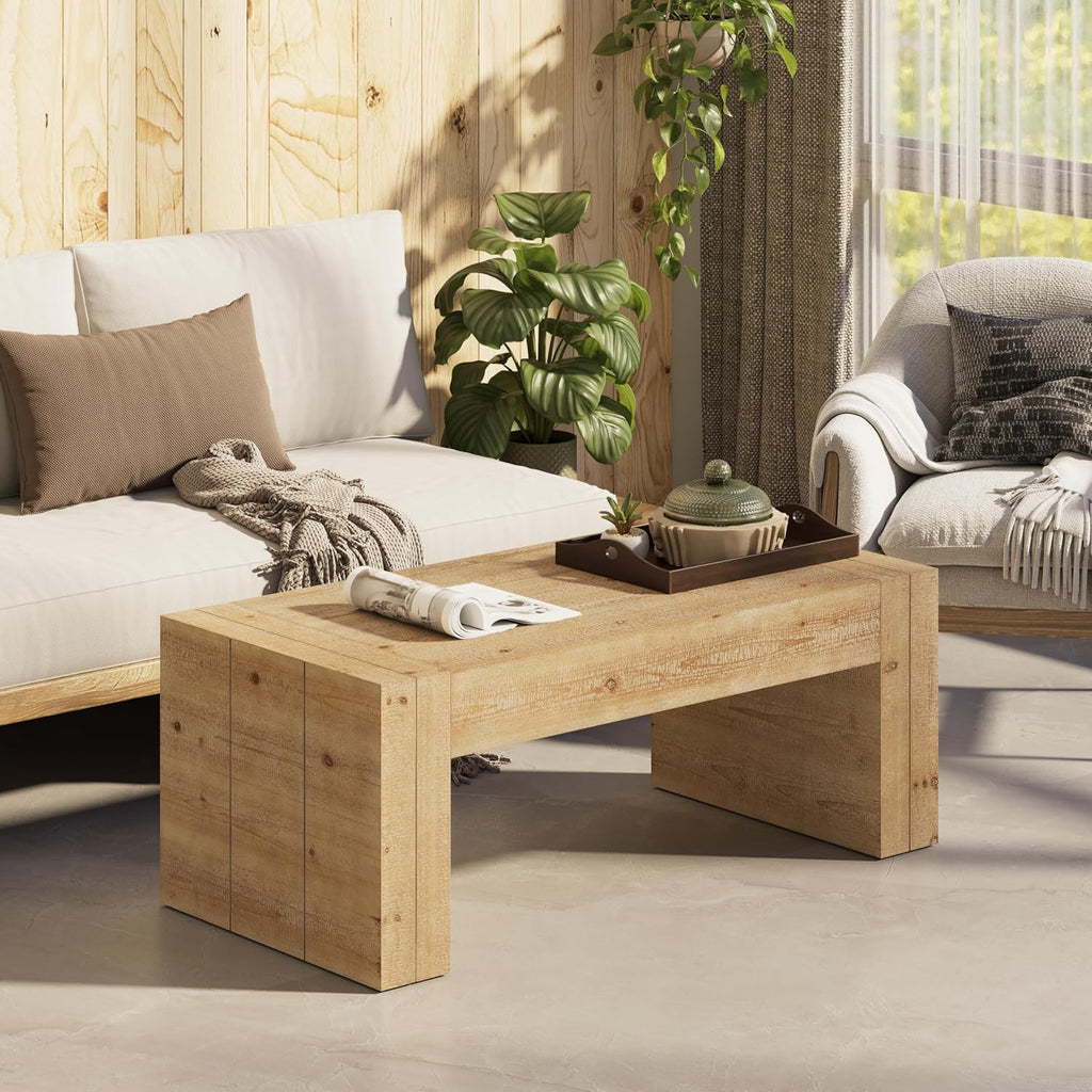 Modern Rustic Wood Coffee Table with Thick Legs, Rectangular Living Room Center Table, Natural Finish Design