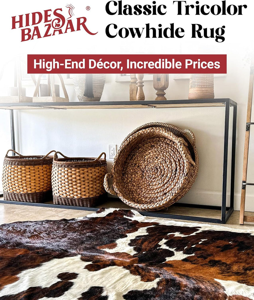 Tricolor Cowhide Rug Classic Brown, Black and White Color Mix, Natural Leather Hide, Area Rug (5x7 ft) | Classic