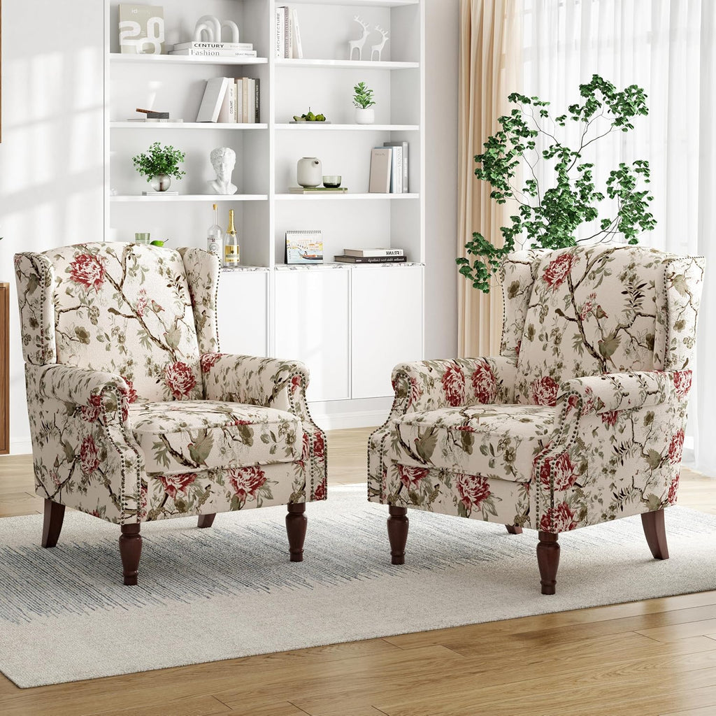 High Back Floral Accent Chair - Retro Wingback Upholstered Armchair with Nailhead Trim, Solid Wood Legs, Fabric