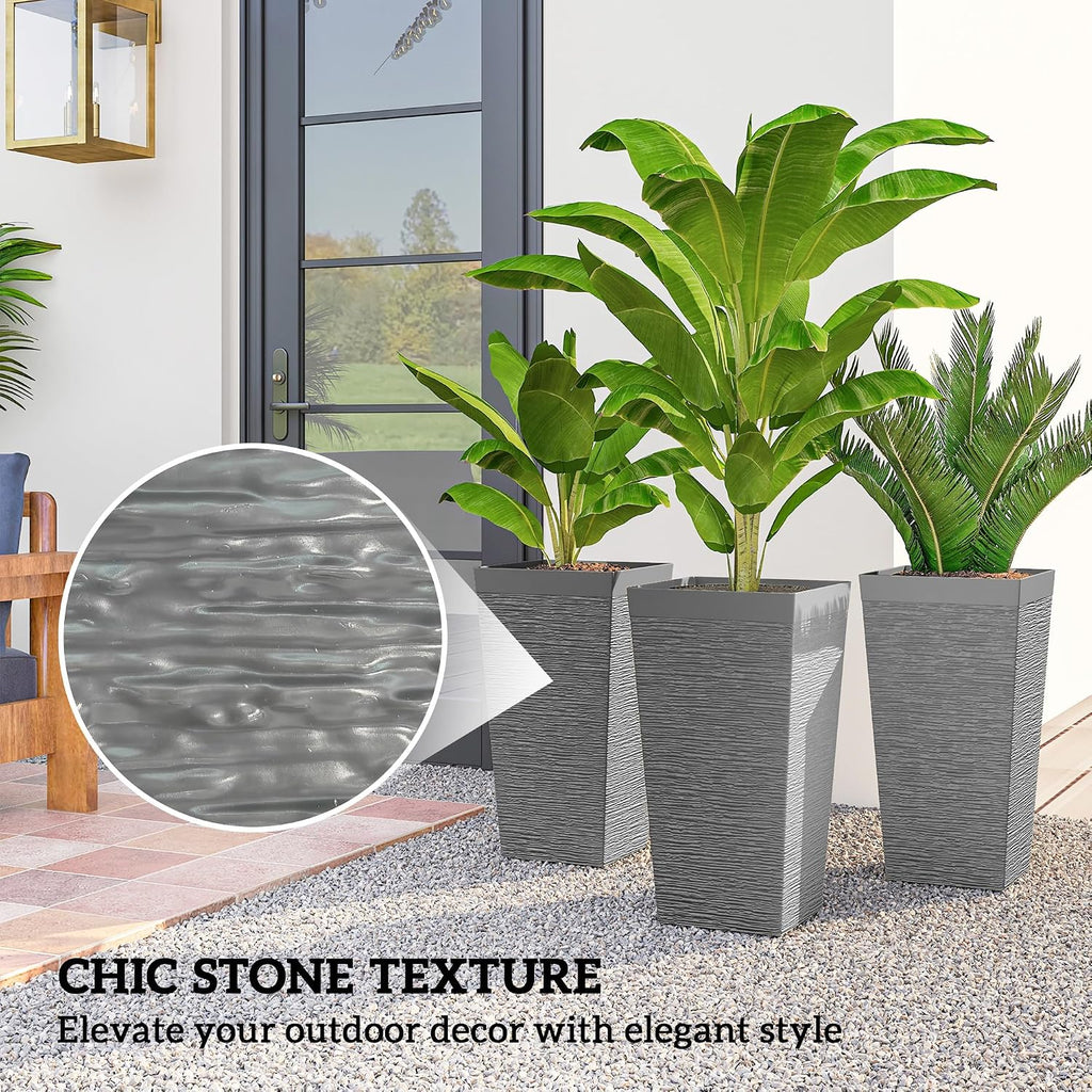 22.8 Inch Tall Planters for Outdoor Plants Set of 3, Gray | Wheels, Flower Pots, Stone Finish, Stackable Tapered