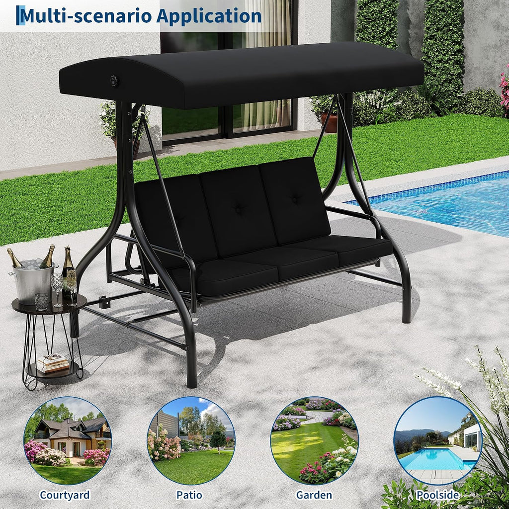 3 Seater Outdoor Porch Swing with Stand for Adults, 2-in-1 Convertible Design Patio Swing, Thick Soft Cushion &