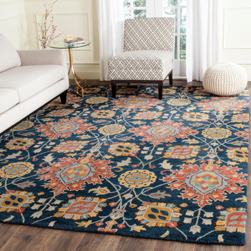 Area Rug 8x10 - Roslyn - Large - Navy & Multi, Handmade Wool, Floral Design