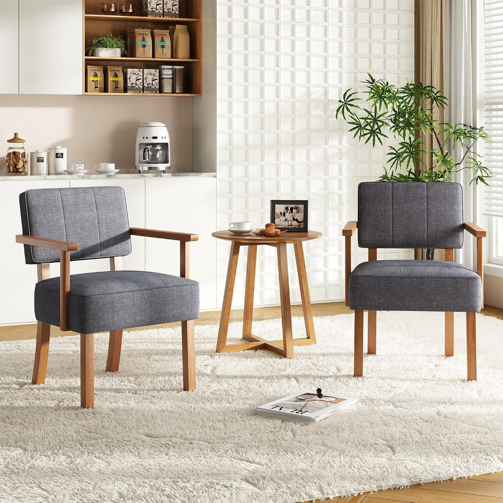 Mid-Century Modern Accent Chair with Soild Wood Frame,Vertical Striped Linen Upholstered Living Room Chair, Reading