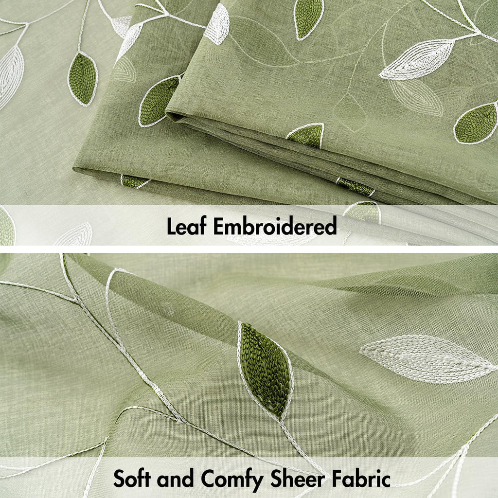 Sage Green Sheer Curtains 2 Panels Leaf Patterned, W52 x L96