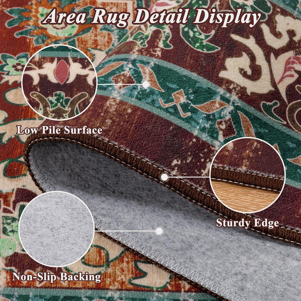 Boho Round Area Rug 8ft Machine Washable Carpet, Rust&Teal