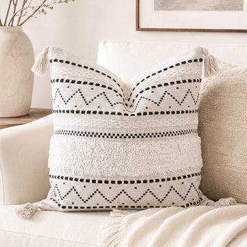 20X20 Throw Pillow Cover, Cream Neutral Square Decorative Cushion Cover with Black Pattern, Boho Accent Pillowcase
