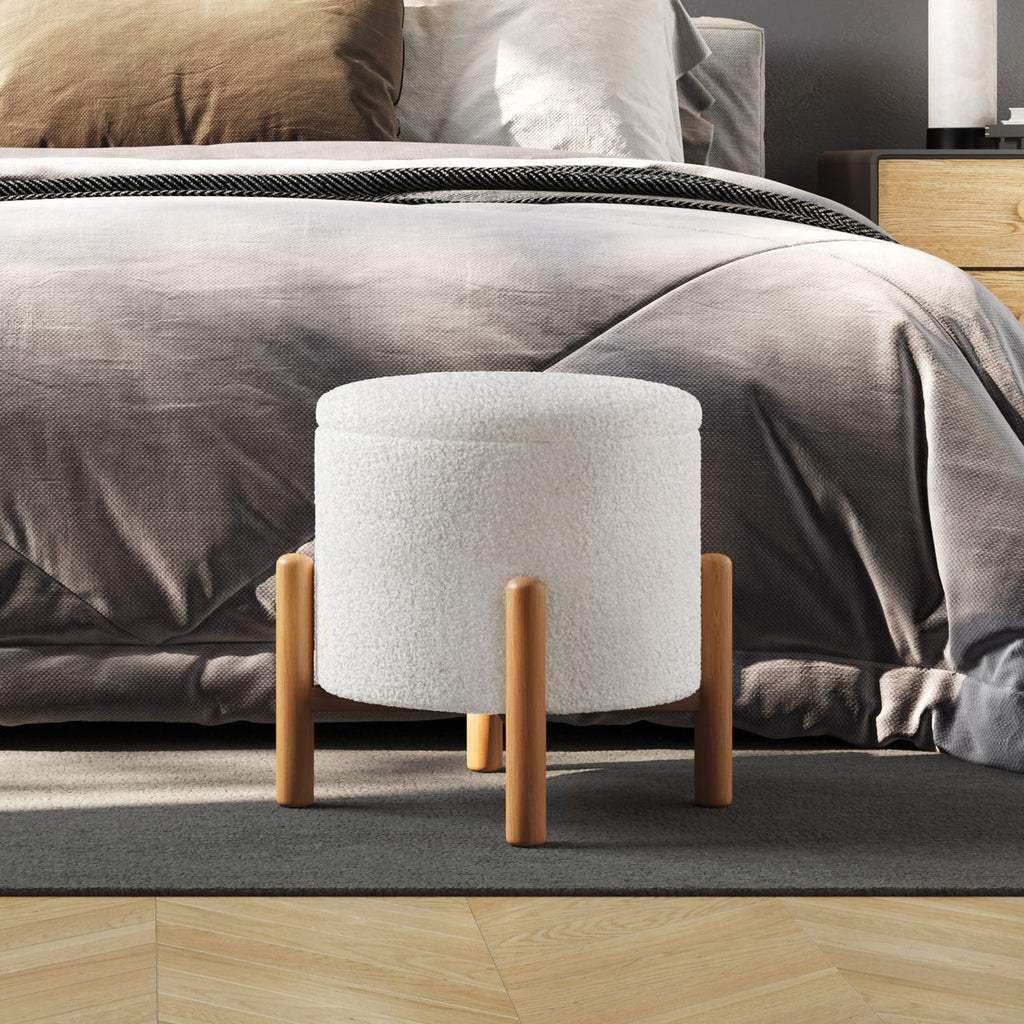 Round Sherpa Storage Ottoman Pouf with Removable Lid - Plush Couch Footrest & Hidden Organizer for Small Spaces, Dorm