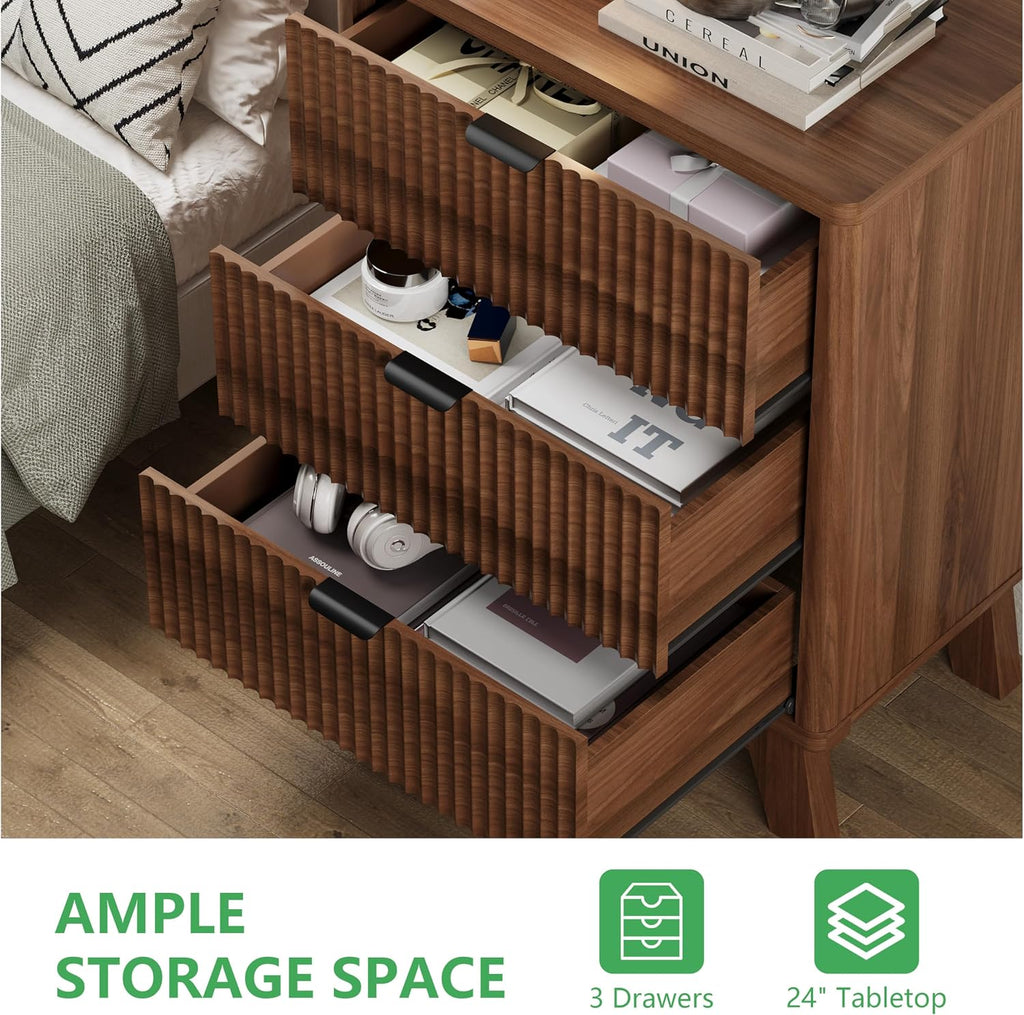 Fluted Nightstand with 3 Storage Drawers, 24" Wide Wood Bedside Table with Mental Handle, Mid Century Modern Wooden