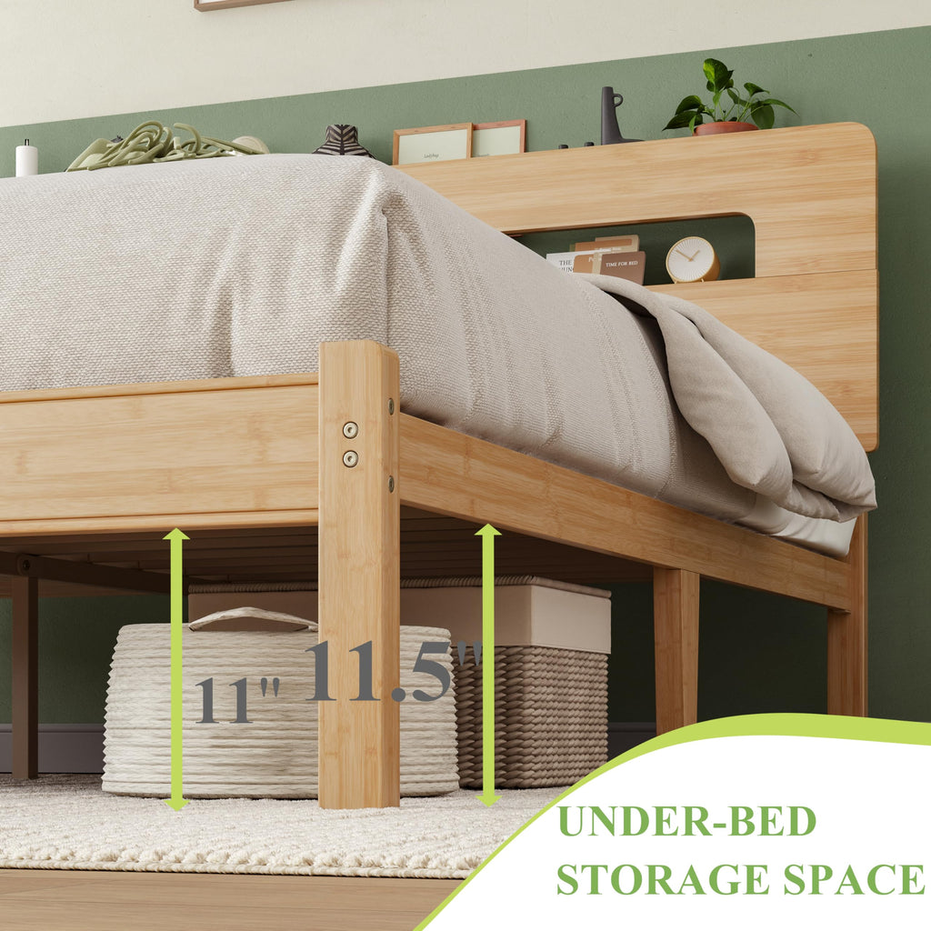 Solid Bamboo Wood Twin XL Bed Frame with Storage Headboard, 14 inch Platform Twin XL Bed Frames No Box Spring Needed