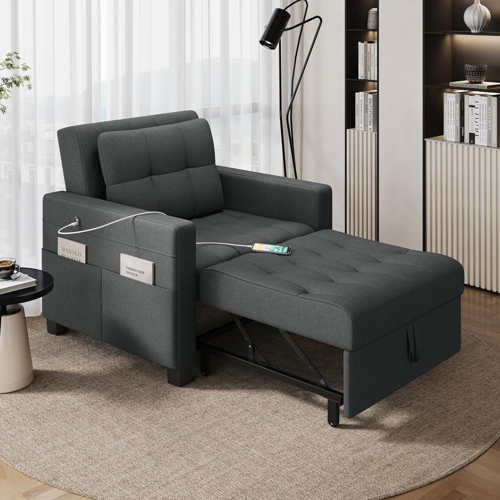 Sleeper Chair, Converts to Bed with USB Ports & Pocket, Dark Gray | Futon, Lounge Chair Fabric Sofa Bed 3-in-1