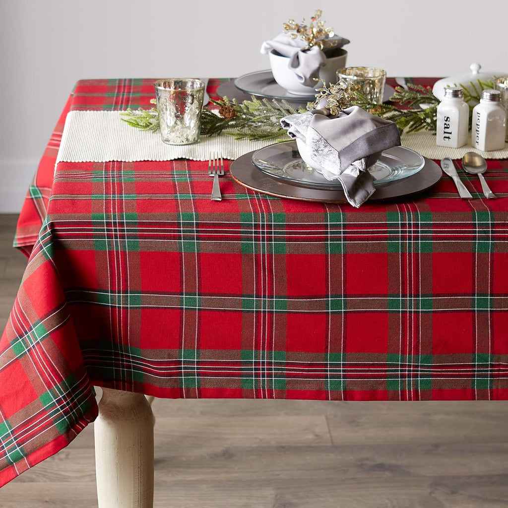 Farmhouse Christmas Plaid Dining Table & Kitchen Décor, Holiday Tablecloth, 70" Round, Red & Green