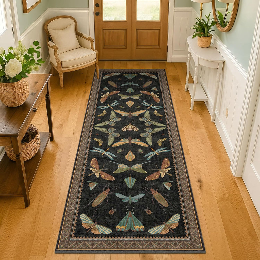 Dark Black Boho 2x10 Rug Runners for Hallways, Washable Non Slip Long Runner Rug, Low Pile & Soft Stain Resistant