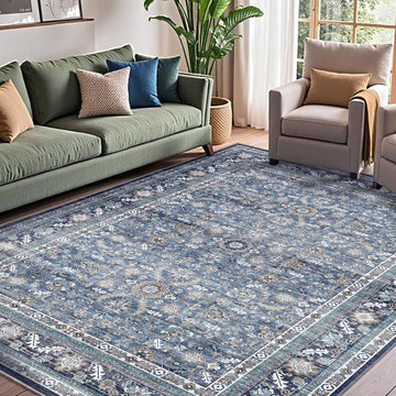 Vintage Blue Area Rugs 9x12, Washable Rug