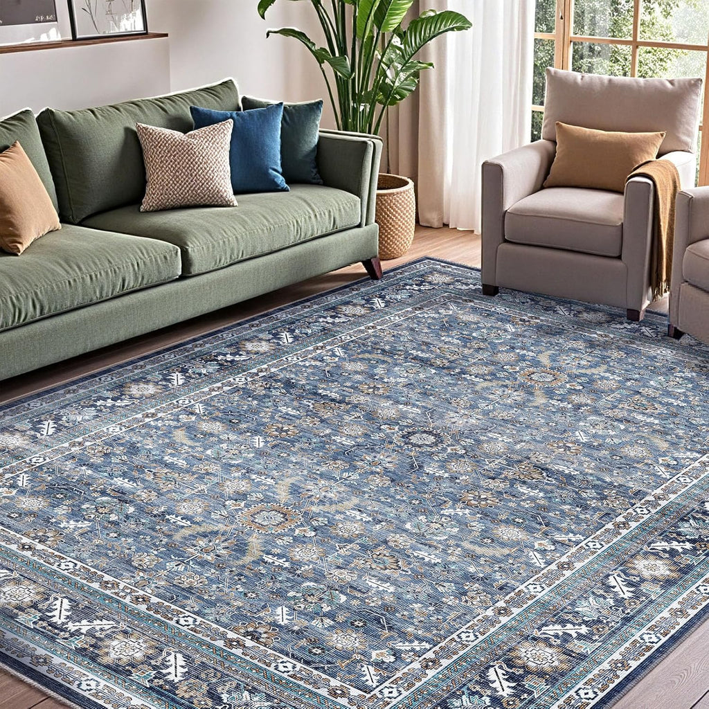 Vintage Blue Area Rugs 9x12, 9 x 12 Retro Washable Rug Non Slip, Low-Pile Faux Wool Carpet, Distress