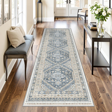Runner Rug 2x8 Runners s Non Slip Washable, Blue/Beige
