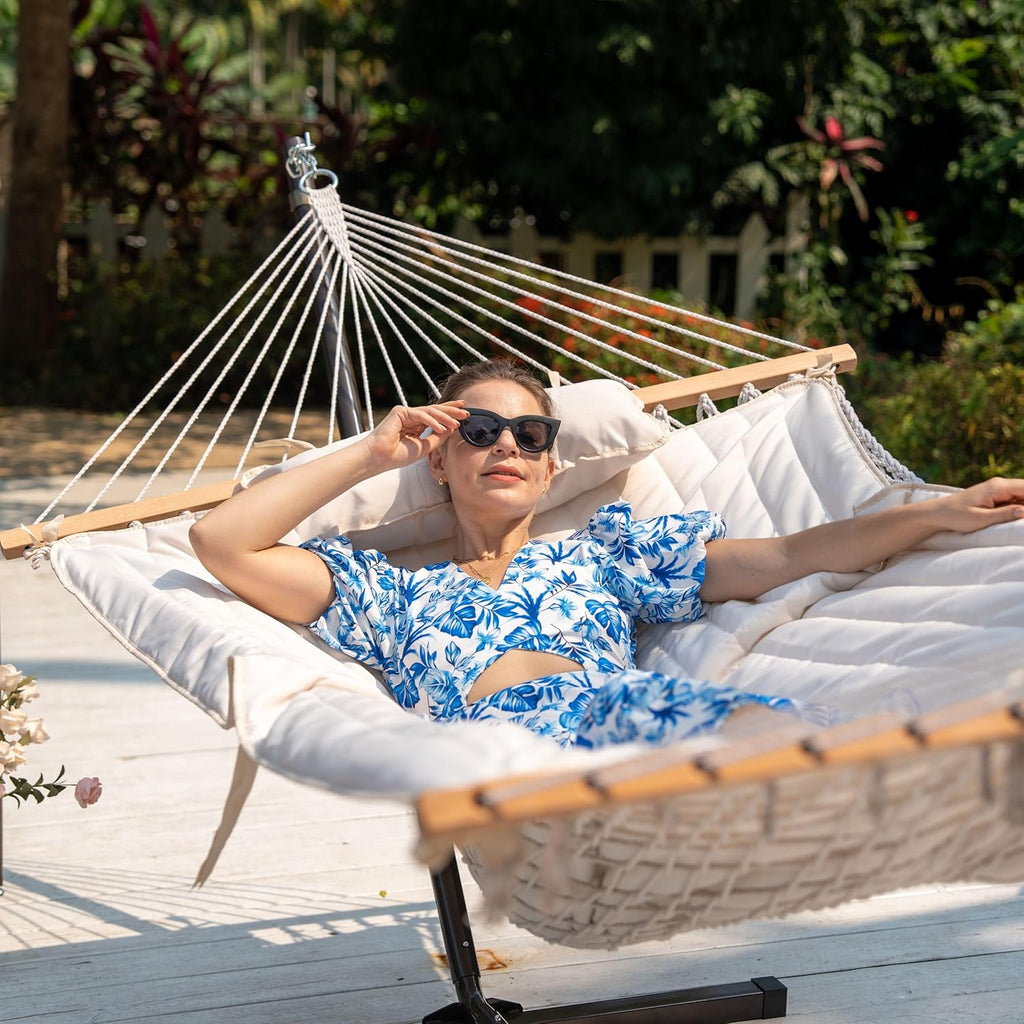 2 Person Portable Hammock with 12FT Stand, Double Hand Woven Cotton Rope Hammock with Detachable Quilted Pad & Pillow