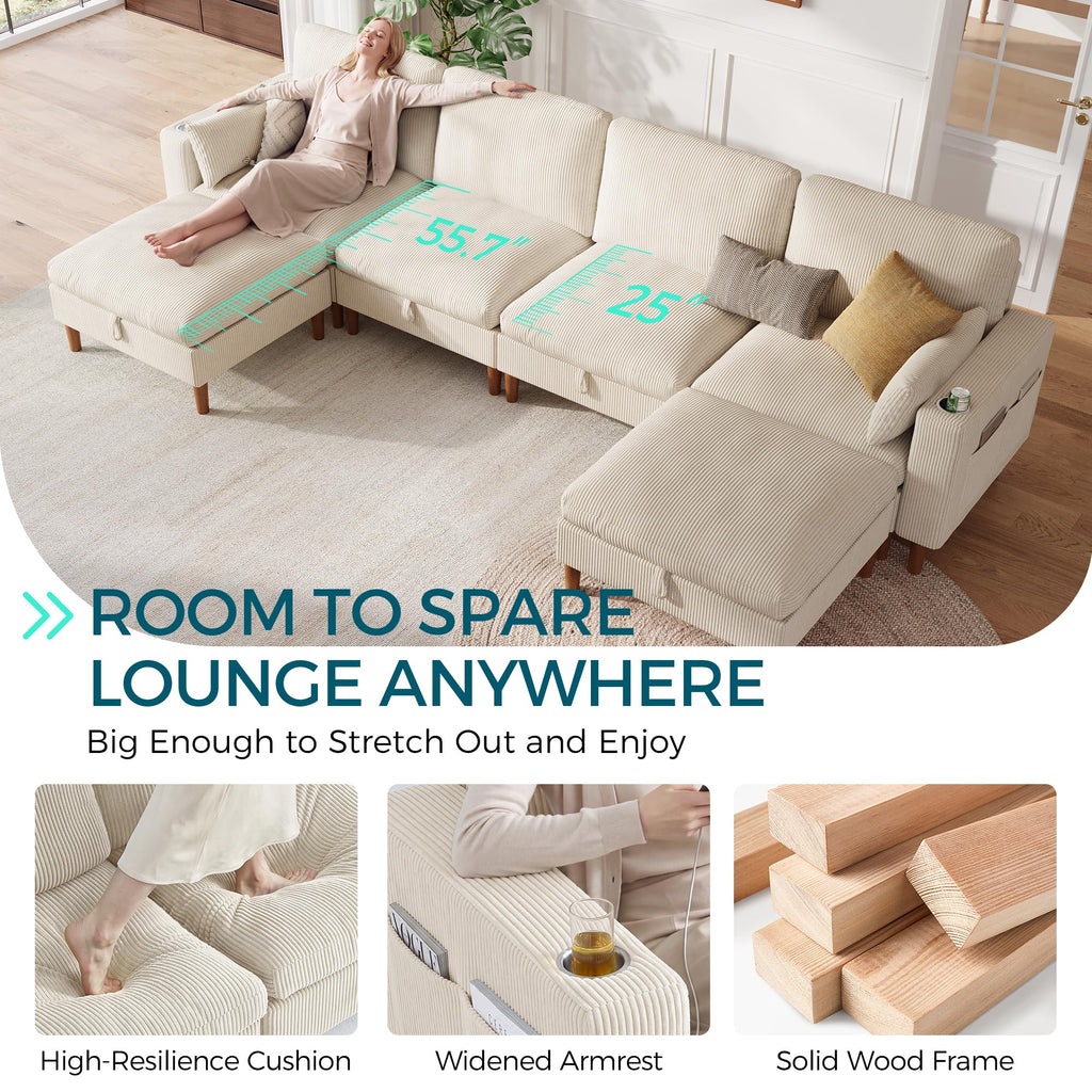 Cloud Couch 4-Seat Modular Sectional Sofa with Storage, Corduroy Deep Seat Cloud Sofa with Side Pocket & Cup Holder &