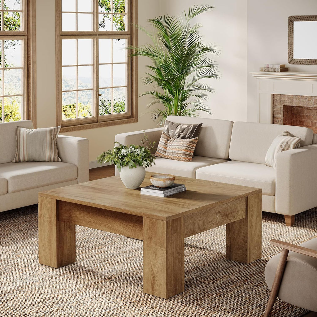 Farmhouse Square Coffee Table, 39-Inch Wooden Coffee Table with Sturdy Legs, Rustic Accent Center Table, Easy Assembly
