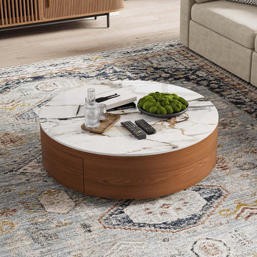 35.43" Modern Round Coffee Table with Storage,Sintered Stone Top Drum Coffee Table with Drawers,Oak Veneer,Circle Coff