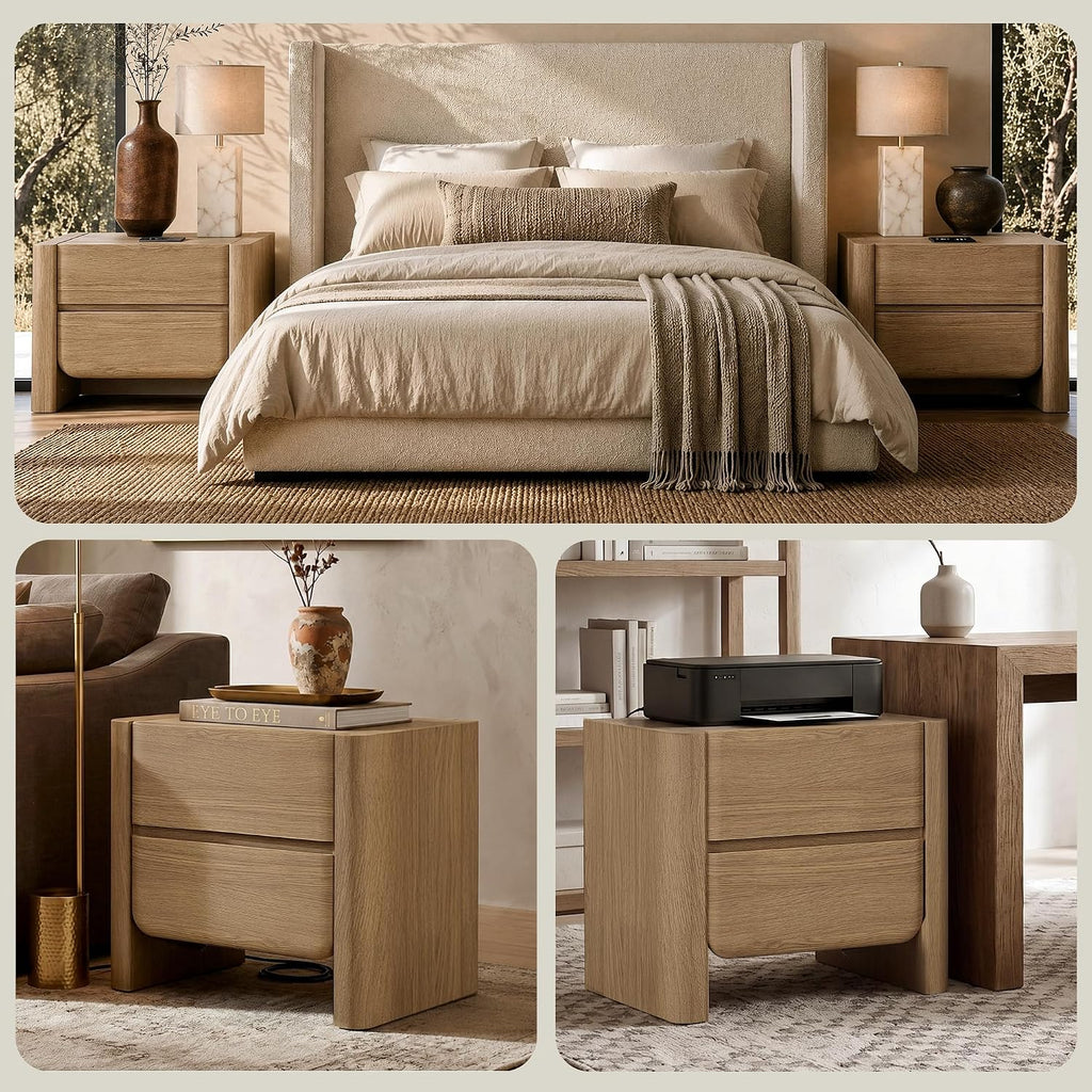 26" Nightstand with Charging Station, Large Bedside Table with 2 Handleless Storage Drawers,2.4" Thick Panel Legs &