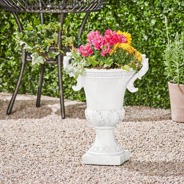 Jorine Patio Planter, Light Concrete Planter, Mid-Centry Gadern Urn, Floral Relif Design, Large Garden Pot, Flower