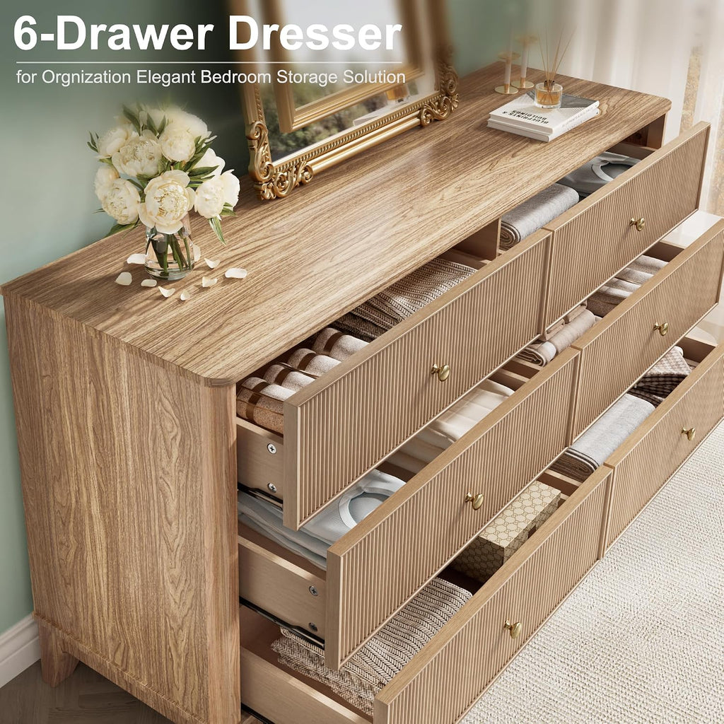 Fluted 6 Drawers Dresser, 54" Wide Modern Chest of Drawers with Round Corners, Wooden Dresser TV Stand, Wood Drawer