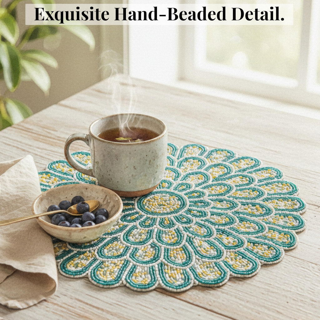 Beaded Placemats 13 Inch Green White Round Table Mats
