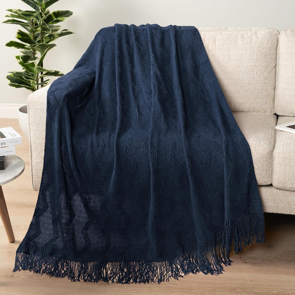 Navy Blue Knit Throw Blanket, Soft Knitted Farmhouse Sofa Throw, Lightweight Decorative Summer Throw Blanket for