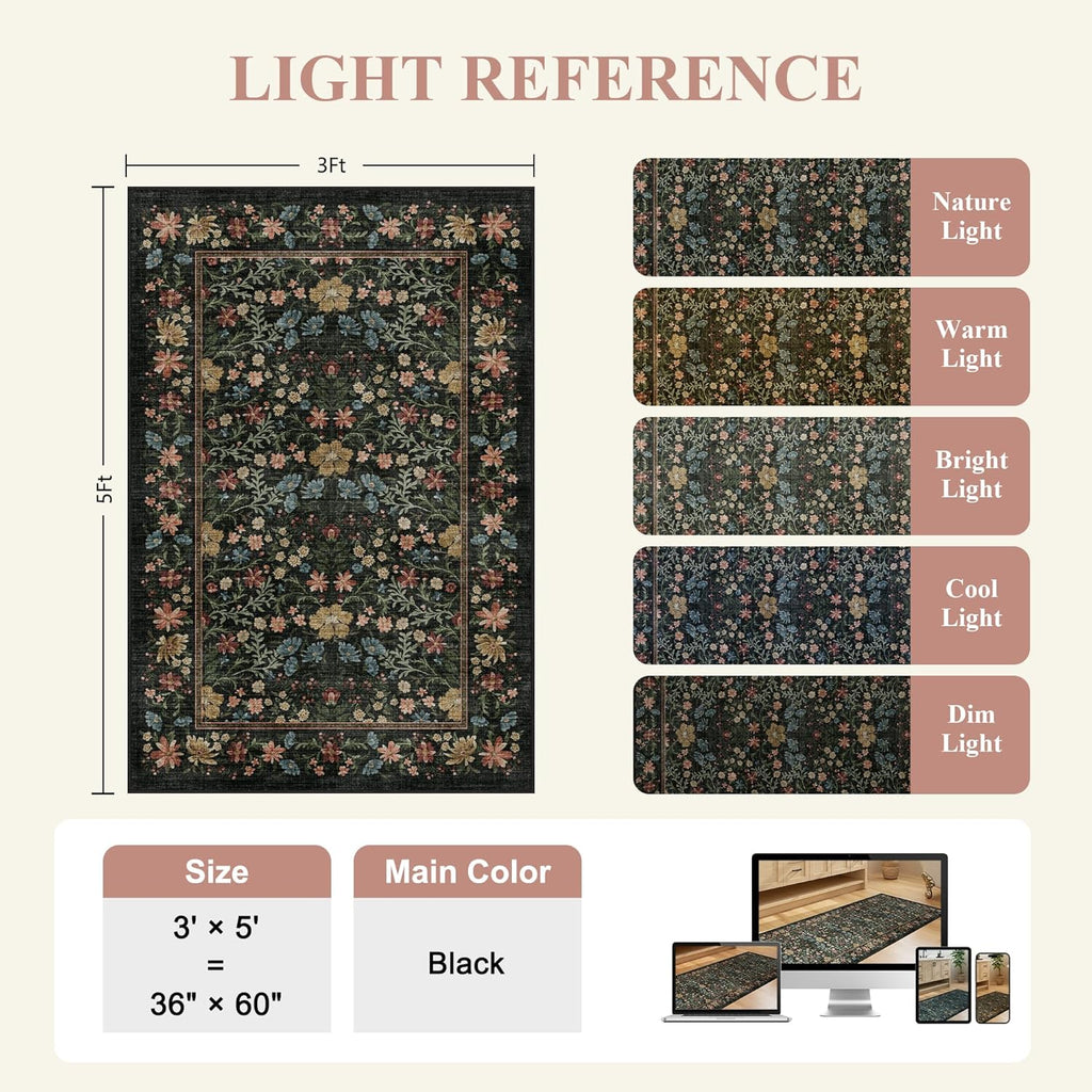 3x5 Rug, Washable Vintage Floral Bedroom Area Rug Non Slip, Black