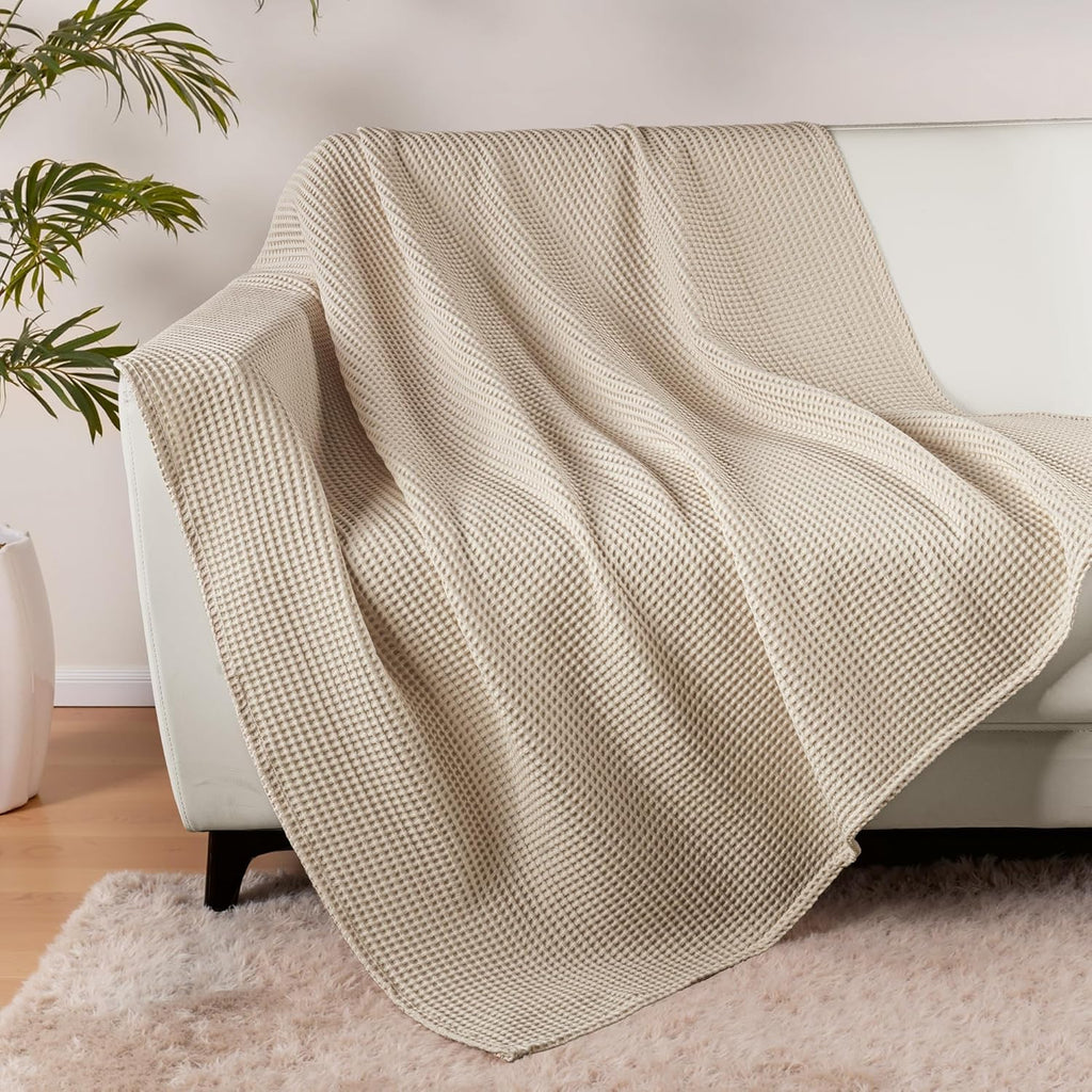 100% Cotton Waffle Throw Blanket, Lightweight and Breathable Gauze Muslin Blanket for Summer, Moisture-Wicking, Home