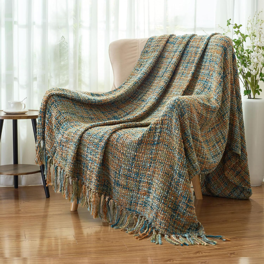 Multi-Color Gold Green Cable Woven Throw Blanket,50"X60" Boho Style Textured Blankets,Super Soft Warm Cozy Chunky