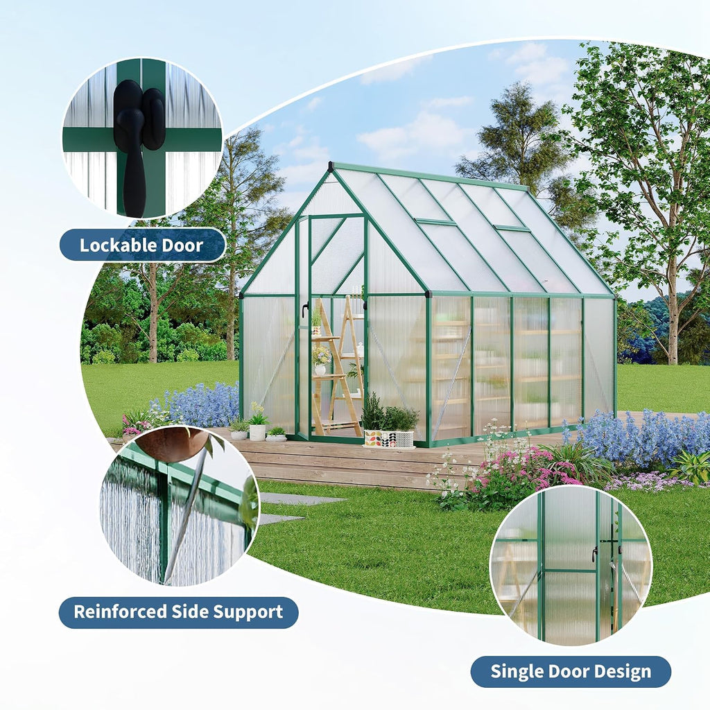 6 x 9 ft Outdoor Polycarbonate Greenhouse Kit, Heavy Duty Greenhouse with Reinforced Aluminum Frame, Adjustable Roof