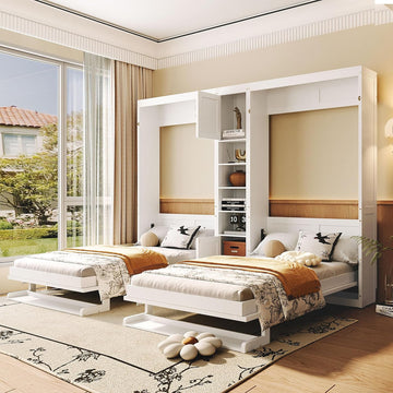 110W Dual Twin Wall Murphy Beds with Cabinets and Shelves,Sleeping Arrangement for Multipurpose Area, Bedroom, Guest