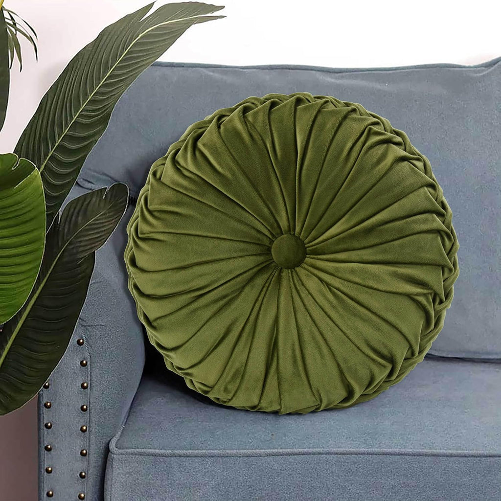 Set of 2 Decorative Round Pleated Throw Pillows, Classy Accent Pumpkin Throw Pillows with Center Button, Vintage
