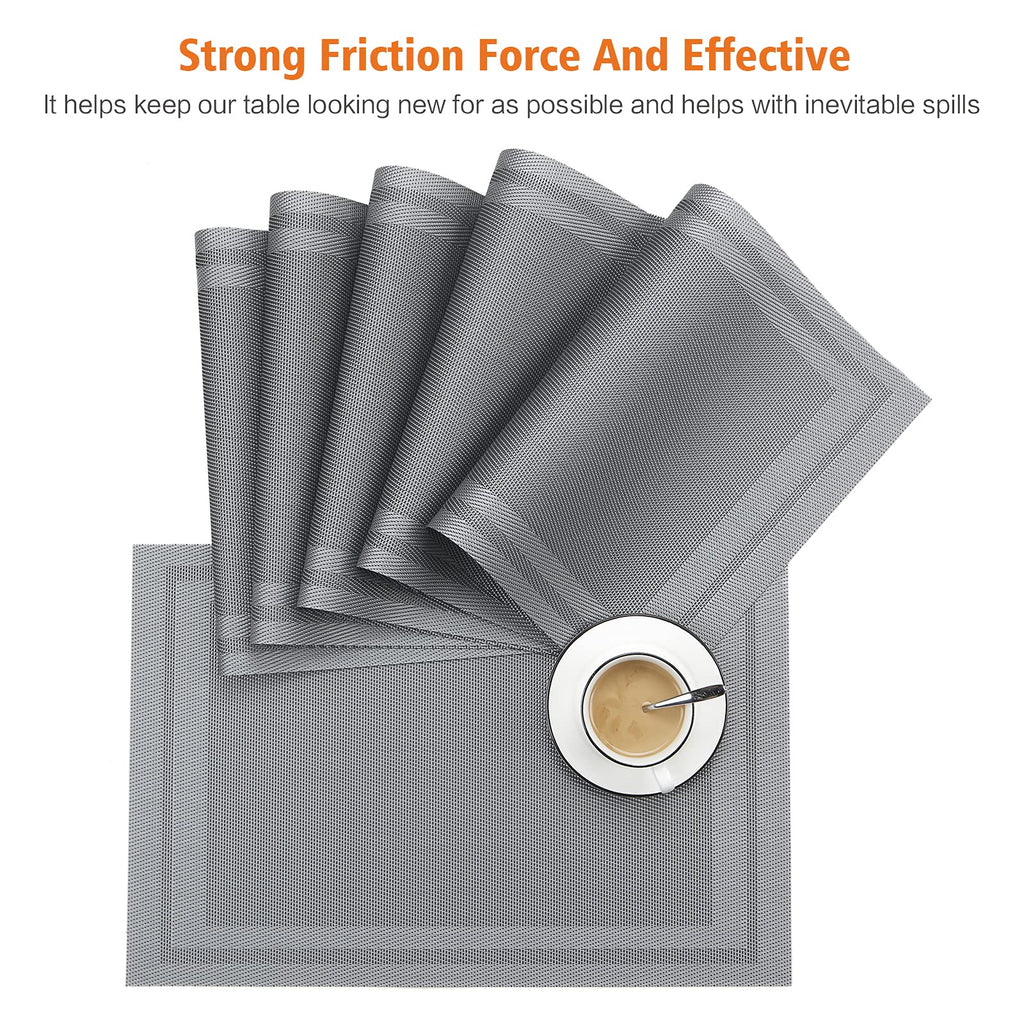 Gray Vinyl Placemats Set of 6,Washable Dining PVC Table Mats