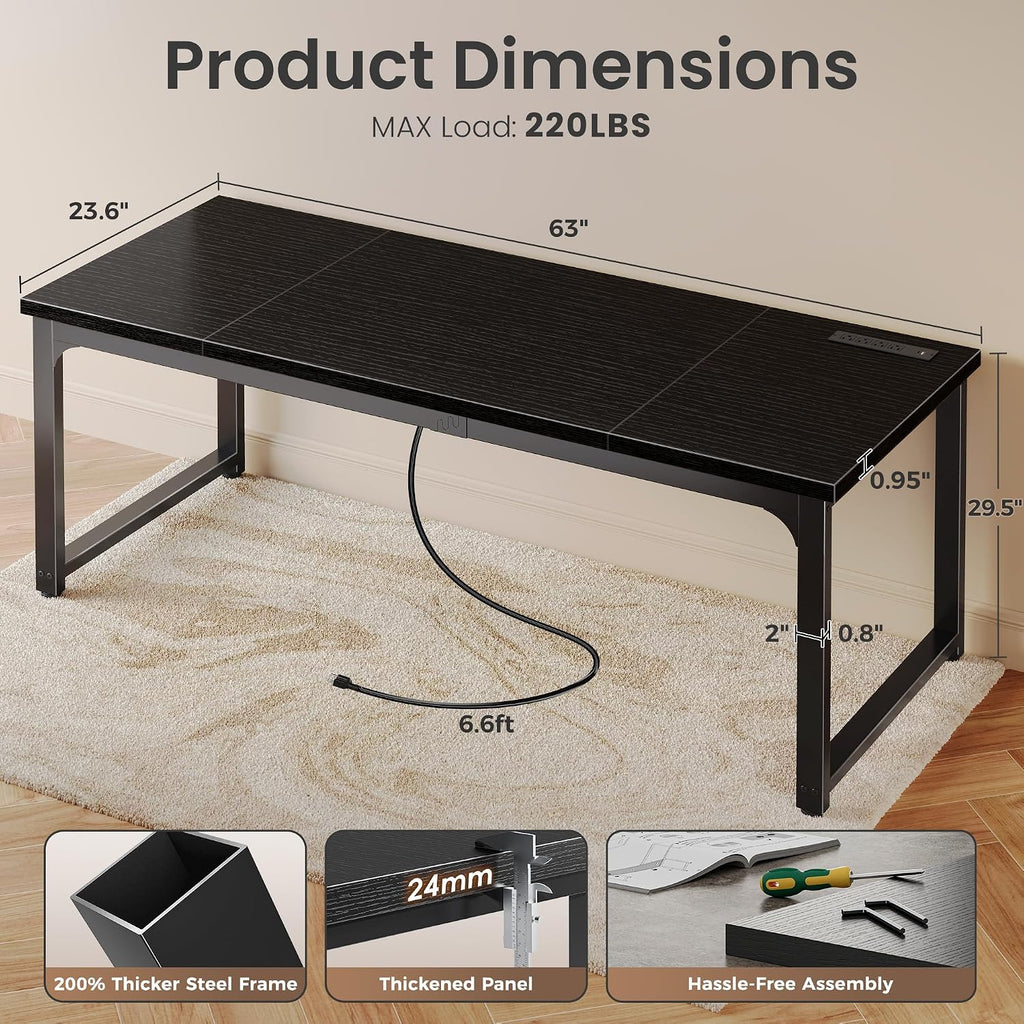 63 x 24 inch Desk with Power Outlets & 0.95 Inch Thicker Desktop