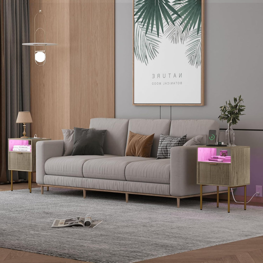 Modern Nightstand with Charging Station and LED Lights, White Bedside Table with Drawer, Fluted Side Table