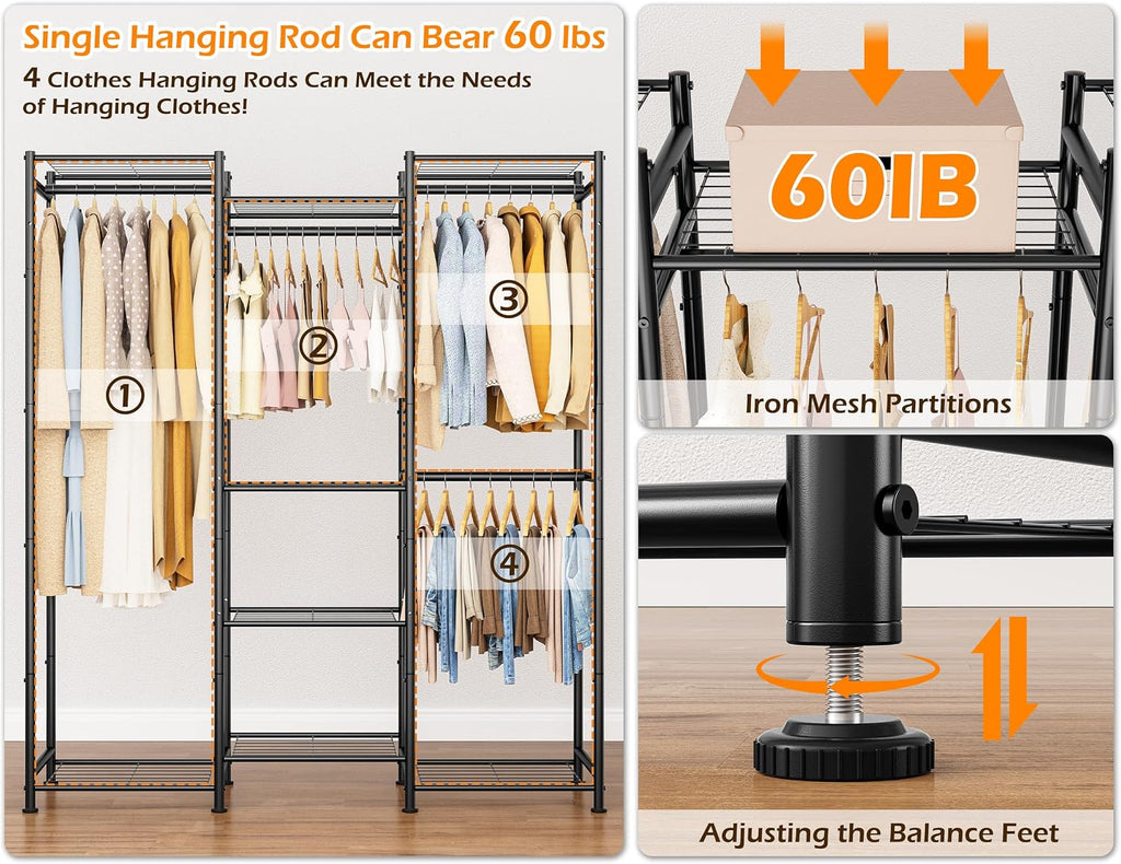 Wardrobe Closet, 4 Hanging Spaces Portable Clothes Rack,Free Standing Closet Organizer and Storage System with
