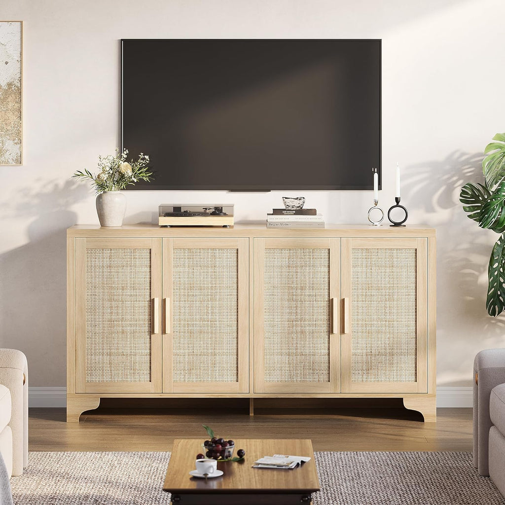 4-Door Sideboard Buffet Cabinet, Natural Rattan Storage Cabinet, Boho Entryway Console Table