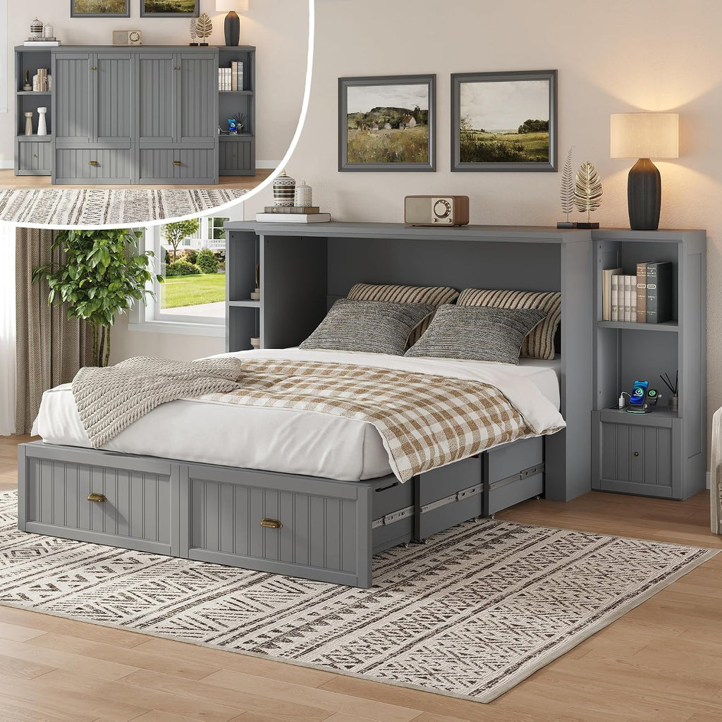 Full Murphy Bed with Bedside Tables, Foldable Cabinet with 3 Storage Drawers & Charging Station, Farmhouse Hideaway
