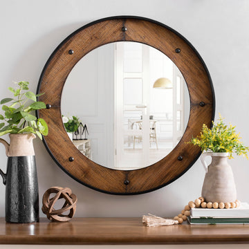 Rustic Round Wall Mirror 24 Inch, Natural Wood Frame with Black Metal Trim, Industrial Farmhouse Style Wall Mirror