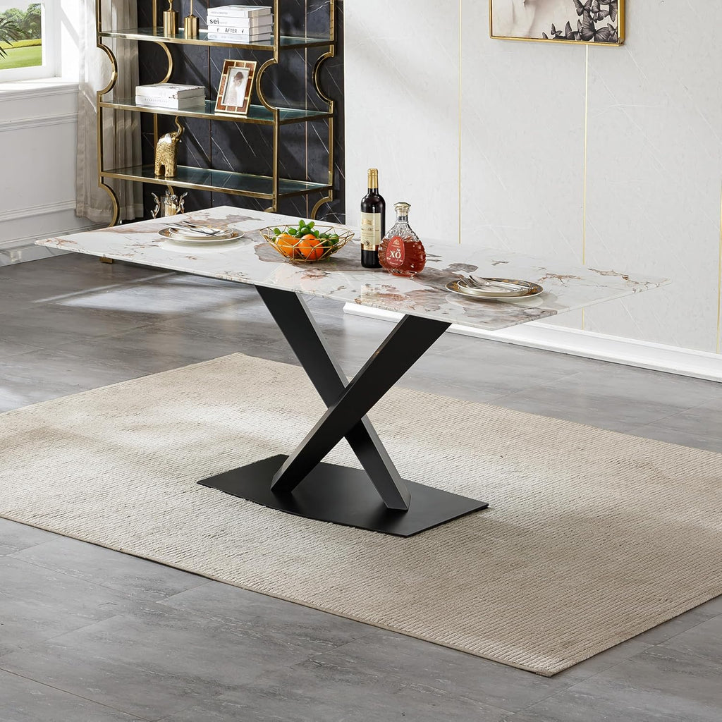 Modern Marble Dining Table, 70" White Kitchen Dining Room Table for 4 6 8 with 0.4" Thick Faux Marble Tabletop and Black Carbon Steel Pedestal,Luxurious Rectangle Large Dinner Table for Dining Room