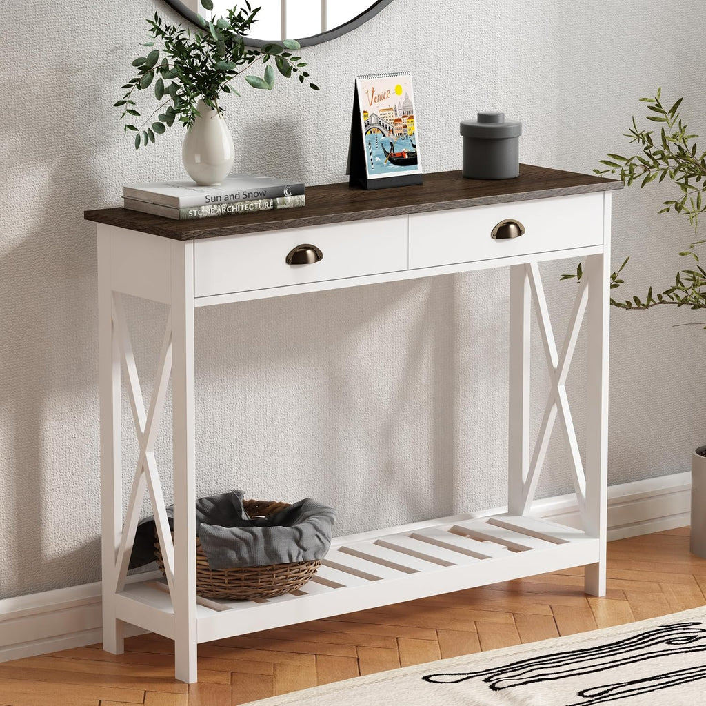 Farmhouse Console Table with Drawer , Narrow Long Entry Table with Shelf , Rustic Vintage Hallway Sofa Table with